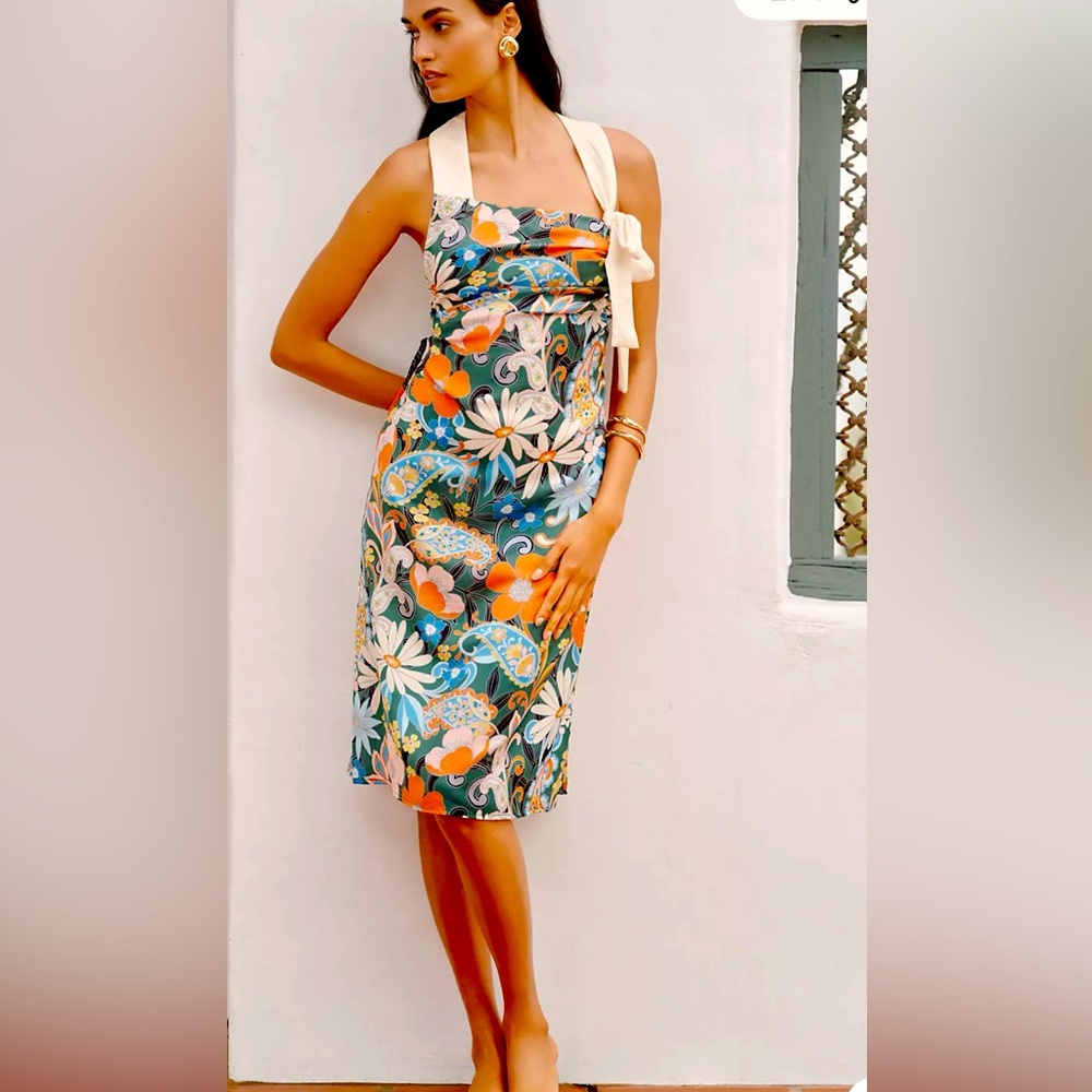 ANTHROPOLOGIE CELANDINE HALTER FLORAL MULTICOLOR MIDI DRESS SIZE L NWT